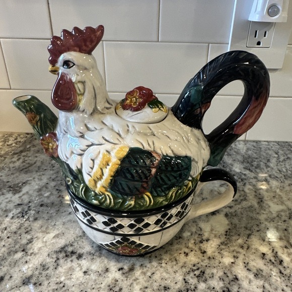 Vintage CBK Ltd. Ceramic Rooster Tea Pot Kitchen Farmhouse 1998 Tile Accent - Picture 2 of 9